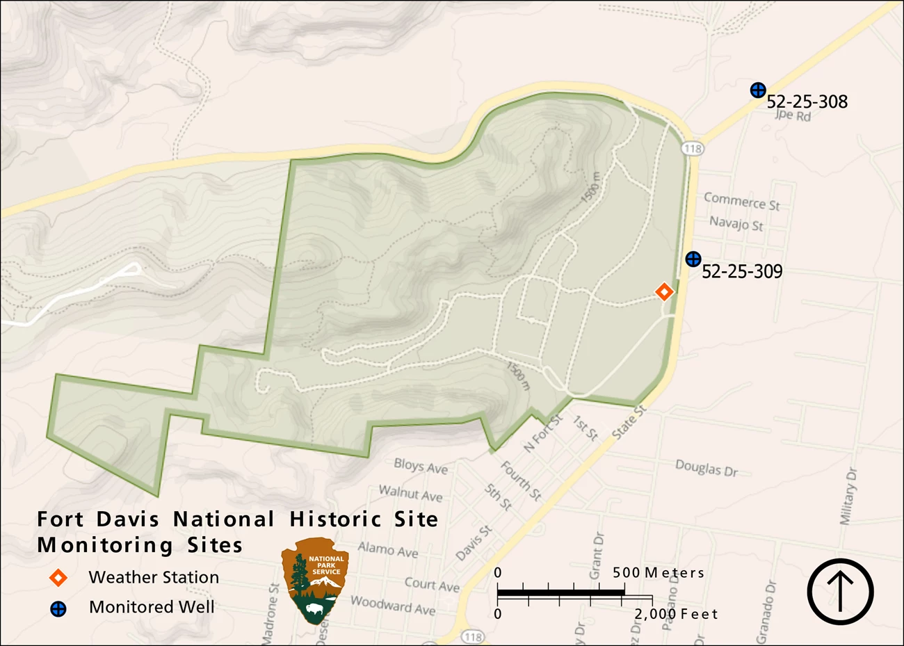 Map of climate station and groundwater wells Figure 1. A map of Fort Davis National Historic Site showing the location of a weather station and groundwater wells.
