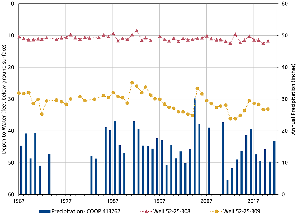 Groundwater depths A line graph of groundwater well levels from 1967 to 2021.