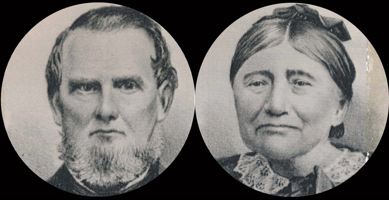 Charcoal portraits of couple. On left, white man with beard; on right, Indigenous woman in European dress with lace collar.