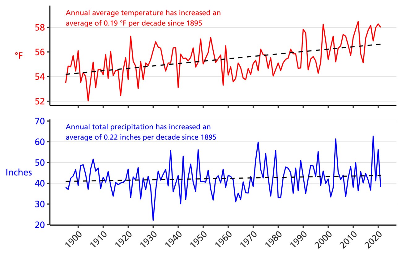Line graph of annual average temperature (°F) and annual total precipitation (in.) for counties surrounding the park from 1895–2021 showing increases in both parameters. Line graph of annual average temperature (°F) and annual total precipitation (in.) for counties surrounding the park from 1895–2021 showing increases in both parameters.