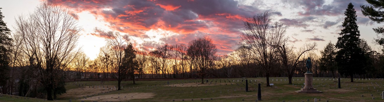 Pink sunset in the Fredericksburg National Cemetery. Pink sunset in the Fredericksburg National Cemetery.