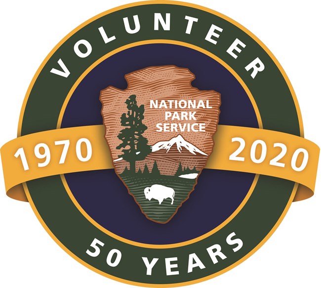 Volunteer-in-Parks 50 Years logo with an NPS arrowhead inside a green and blue circle with a yellow banner