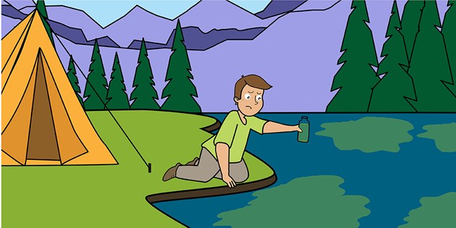 Cartoon of young field scientist kneeling near a mountain lake, and frowning at a sample bottle he is holding with green algae in it.