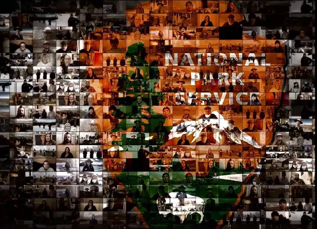 A collage of individuals in a grid, making up the NPS arrowhead