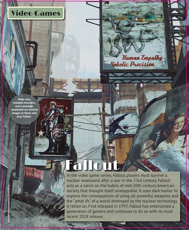 Fallout An exhibit panel showing stylized images of a video game.