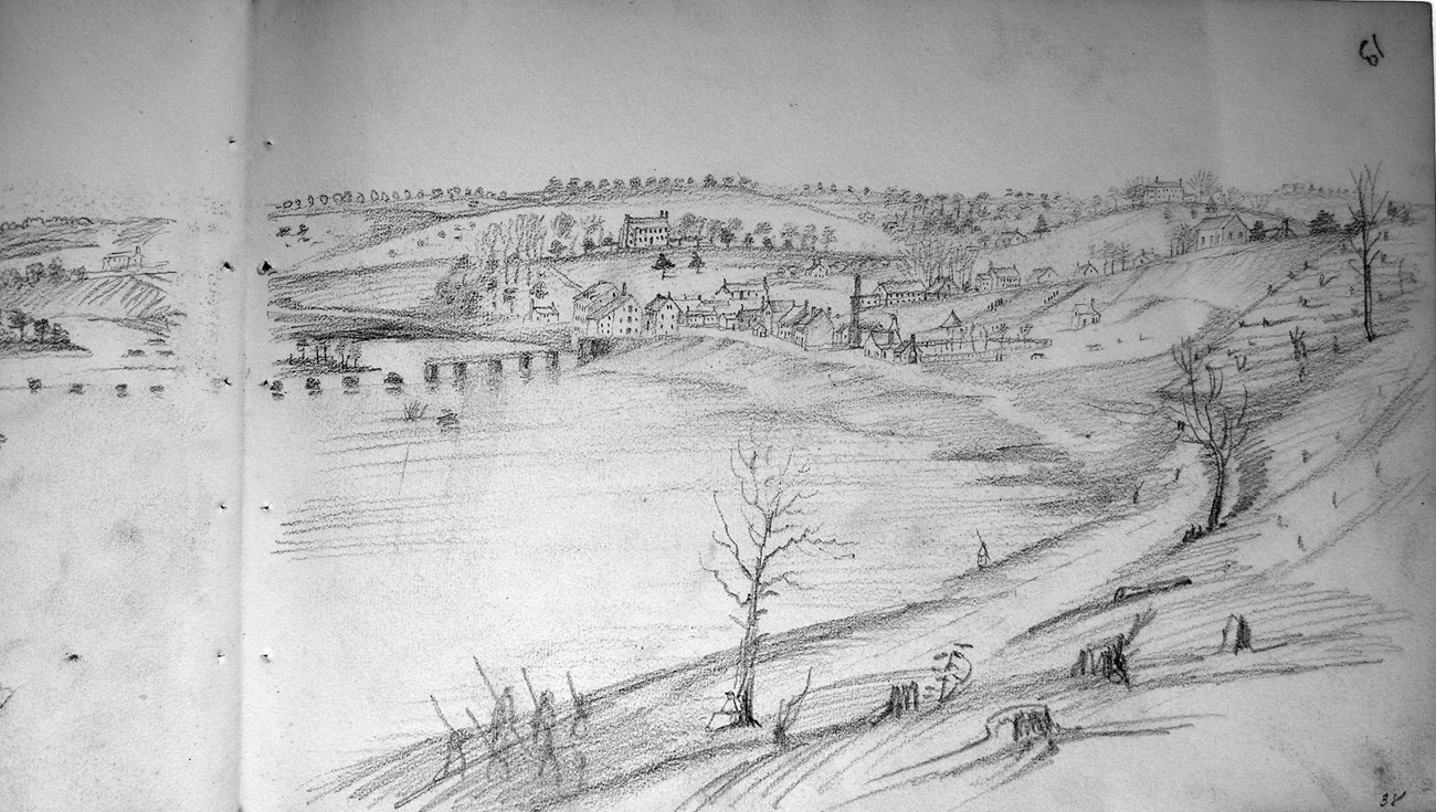 Rough pencil drawing of small town next to a river.