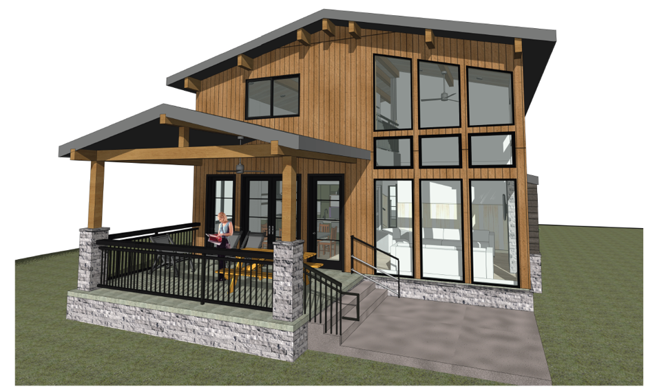 Familiy Cabin Photo 2 A rendered image of a wooden building.