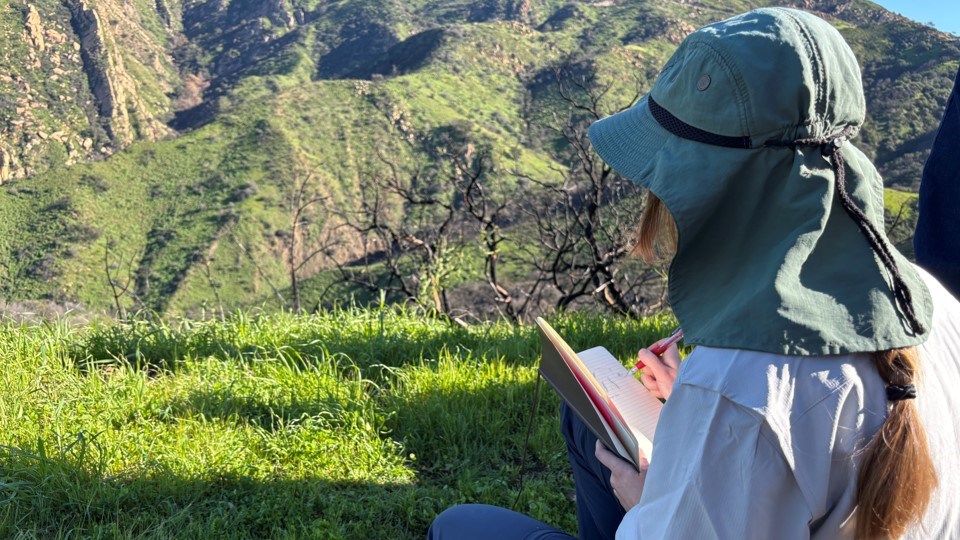 A view over the shoulder of a person taking notes in a field book, overlooking valleys and ridges.