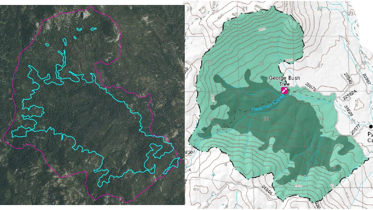 Two images (one an aerial photo and another a topographical map) show current administrative boundary of Freeman Creek Sequoia Grove, giant sequoia tree line, and the administrative grove boundary, which is much a much larger area than the latter two.