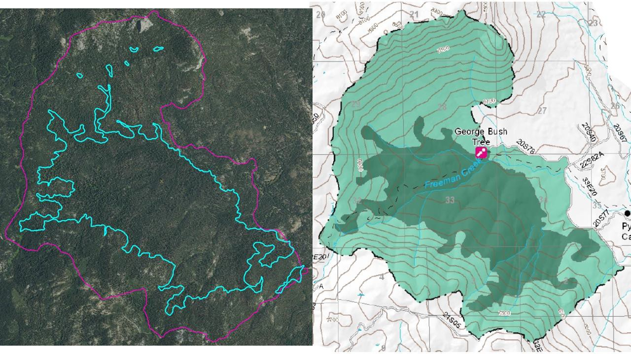Freeman Creek Sequoia Grove boundary map comparisons Two images (one an aerial photo and another a topographical map) show current administrative boundary of Freeman Creek Sequoia Grove, giant sequoia tree line, and the administrative grove boundary, which is much a much larger area than the latter two.