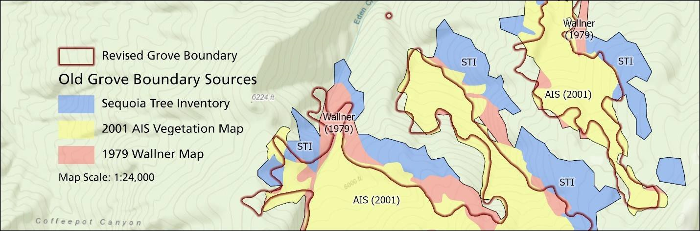 This map compares a revised boundary for Eden Creek Sequoia Grove with 3 older boundary sources.