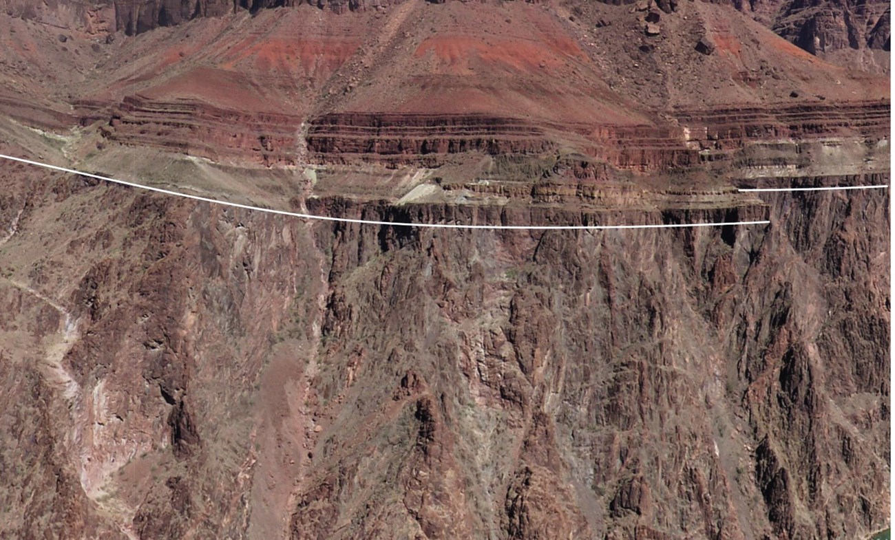 Photo of cliff with a line showing a geologic contact.