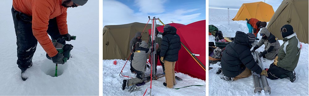 A set of three images showing the steps to extract lake sediment cores.