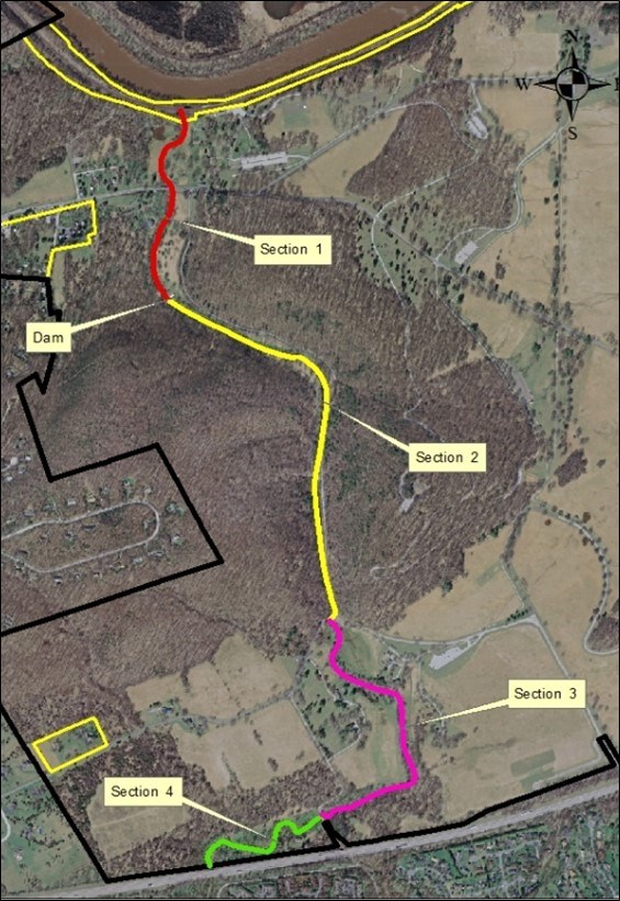Fig 2 Sections of Valley Creek a top down aerial view of the creek with 4 numbered sections highlighted in different colors