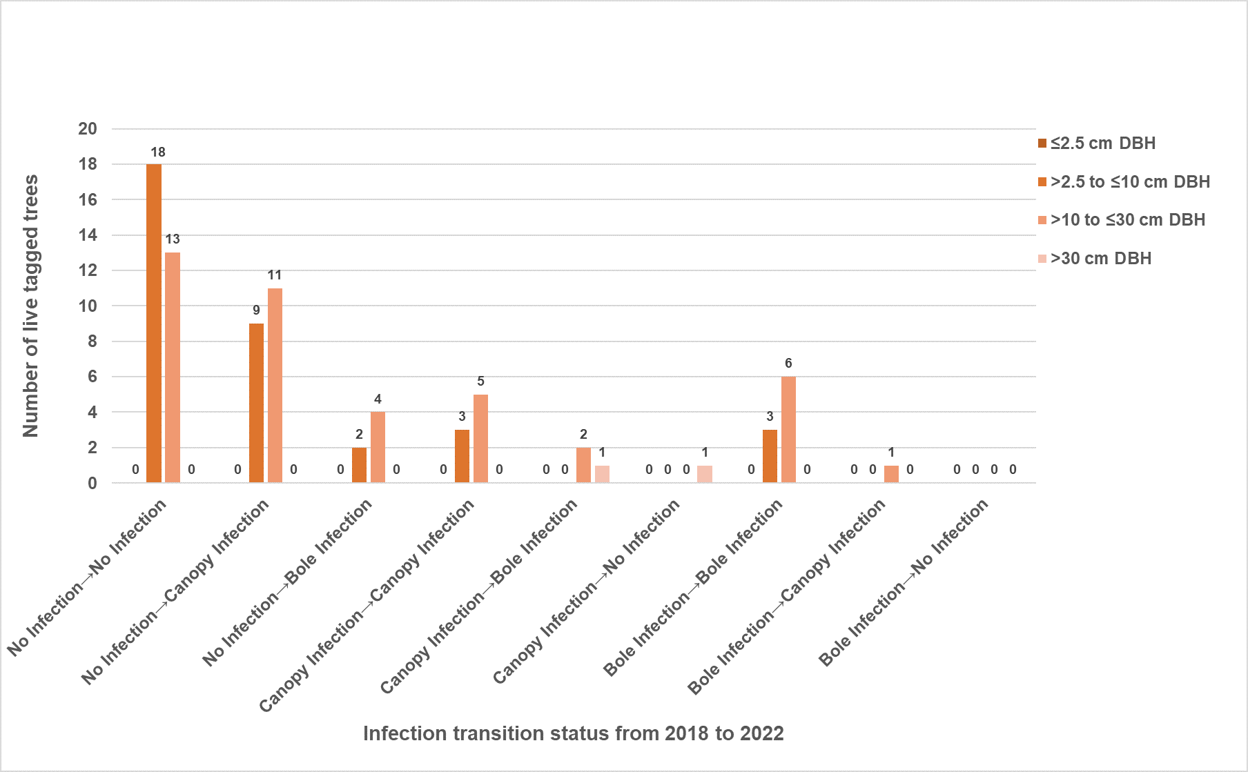 Bar chart of blister rust infection location changes in five-needle pine by dbh.