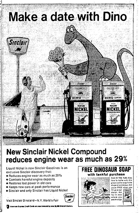 Grainy newspaper ad woman leaning on car at Sinclair gas station waiving at a dinosaur hold flower bouquet.