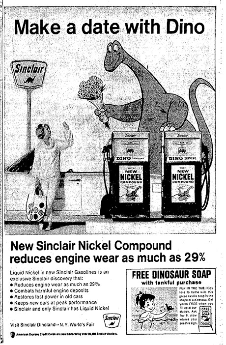 Sinclair Oil Advertisement Grainy newspaper ad woman leaning on car at Sinclair gas station waiving at a dinosaur hold flower bouquet.