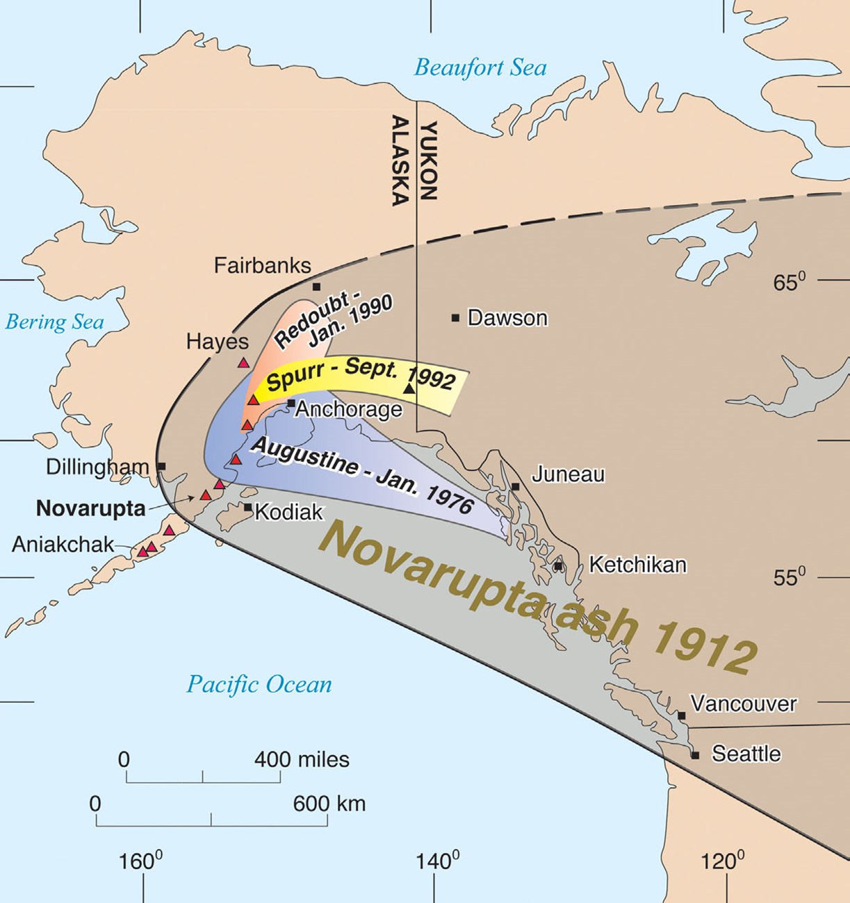 Map of Alaska and adjacent areas showing the location of Novarupta in Katmai NP and the region impacted by ash fall. Within a few days after 1912 eruption, the ash was carried by winds across the contentment.