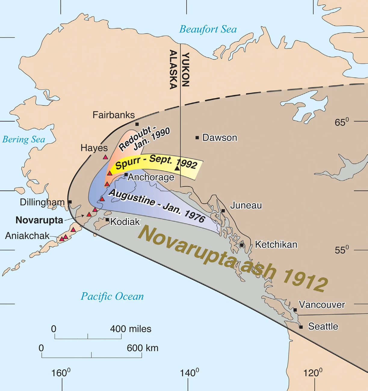 Fig 25 katm-alag_gri_rpt_with_plates_view_resolution Map of Alaska and adjacent areas showing the location of Novarupta in Katmai NP and the region impacted by ash fall. Within a few days after 1912 eruption, the ash was carried by winds across the contentment.