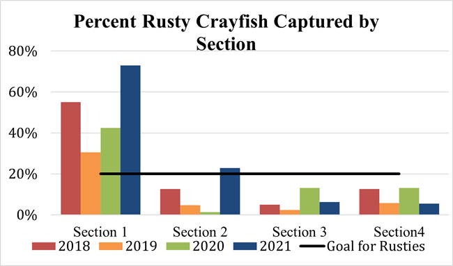 Fig 4 Percent Rusty Captured by Section a graph showing the percentage of rusty crayfish captured in each of the 4 sections of the creek in 2018, 2019, 2020, and 2021 and a line representing the target goal percentage