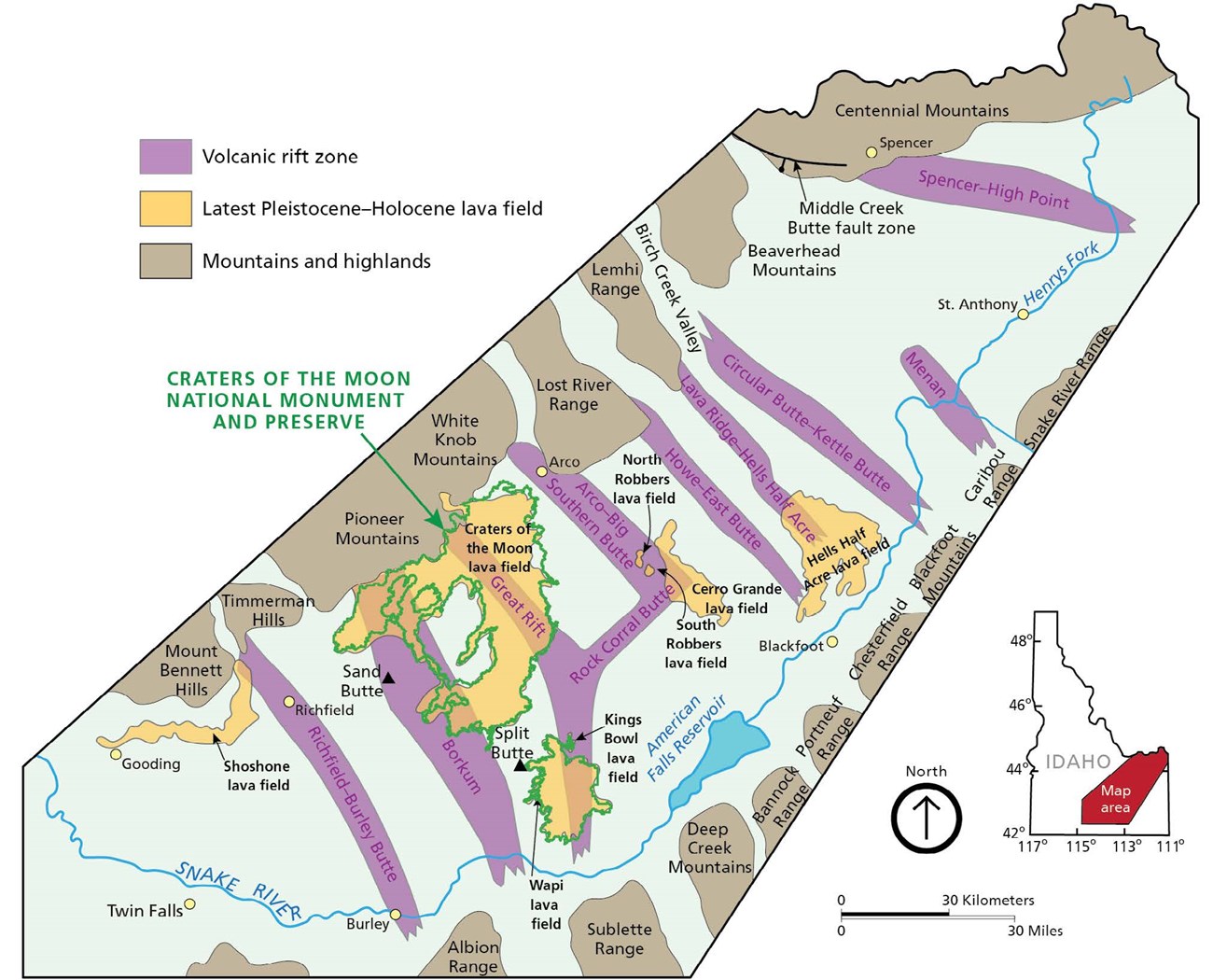 map of craters of the moon area in southeast Idaho showing rift zones, lava fields, and mountain highlands