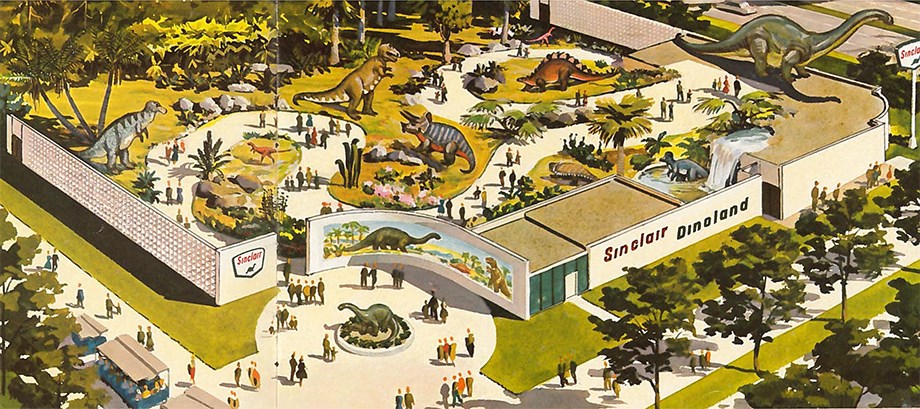 Illustration Sinclair Dinoland – path winding between dinosaur statues.