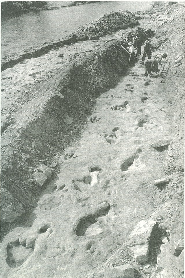 Paluxy riverbed 4 men digging at far end of wide rock trench animal tracks a long the length of the trench.