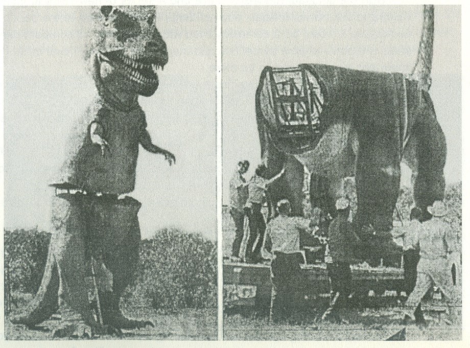 2 grainy images – left T-rex standing in two parts at waist. Right 6 men maneuver the fame of statue with a tail.