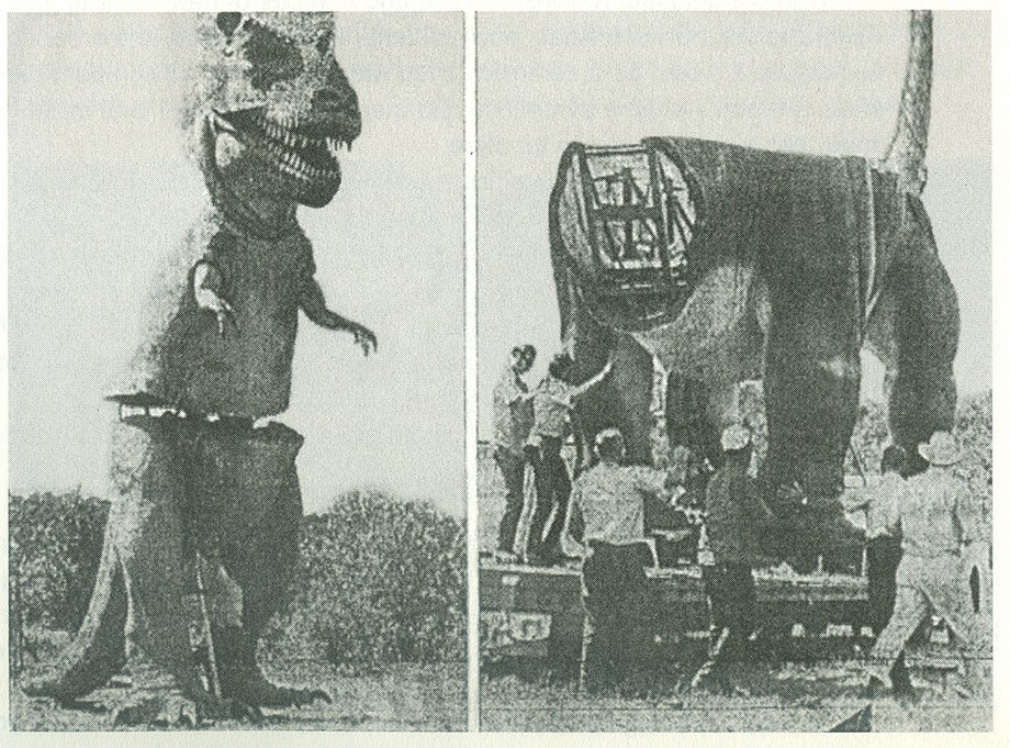 Building a dinosaur 2 grainy images – left T-rex standing in two parts at waist. Right 6 men maneuver the fame of statue with a tail.
