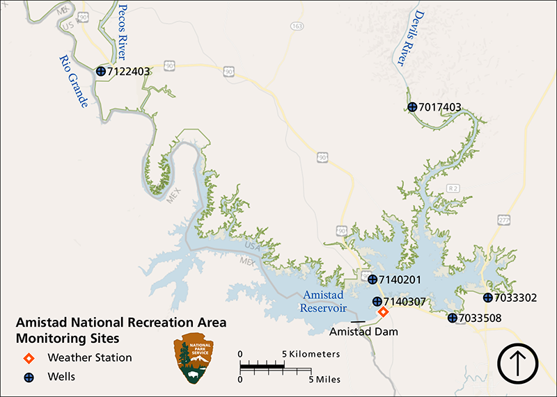 Map of Amistad National Recreation Area showing 6 groundwater wells and one weather station in and around the park. Four wells and the weather station are along the reservoir, one is on the Devils River and one on the Pecos River.