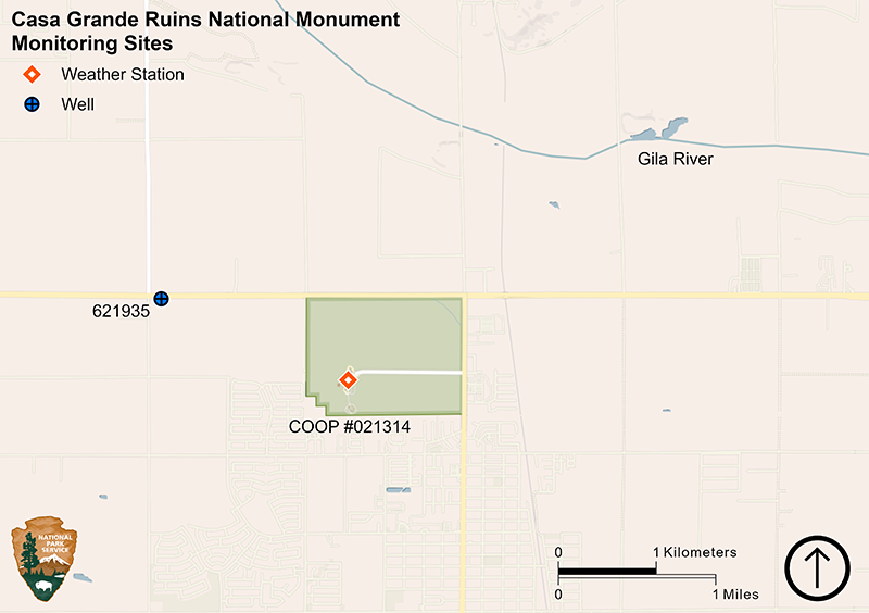 Map showing the park boundary, a rectangle about one mile by 0.75 miles. The weather station is in the southwest part of the park at the end of the only road into the park. The monitored groundwater well is about 0.75 miles west of the NW park boundary.