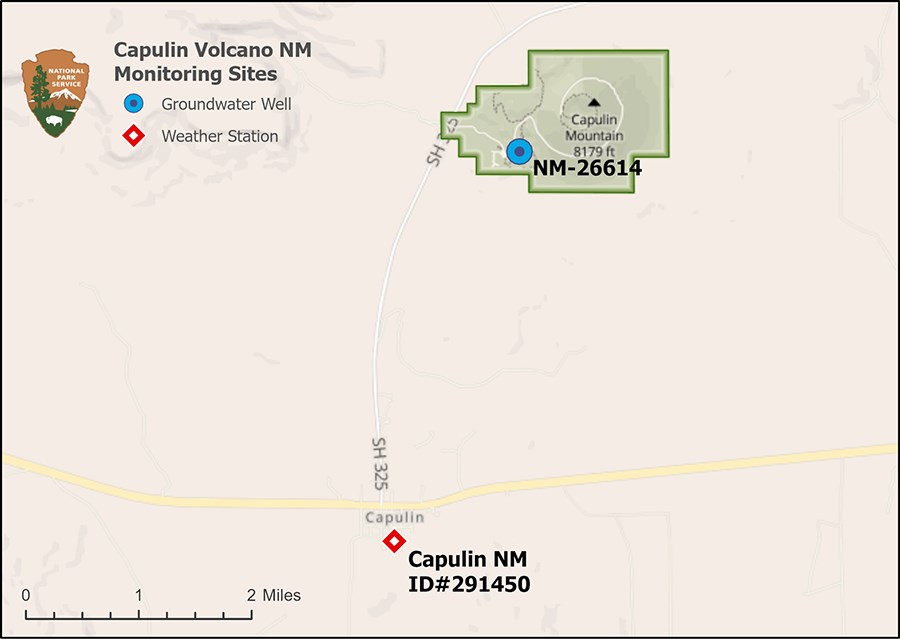 Figure 1. CAVO map Map of well in the southwest portion of the Capulin Volcano National Monument and weather station a few miles southwest of the park