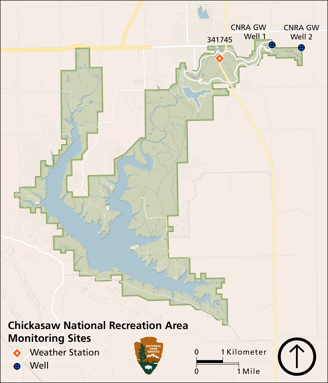 Figure 1: Chickasaw Monitoring Stations Map Map of Chickasaw National Recreation Area showing a weather station and two groundwater wells in the northeastern part of the park.