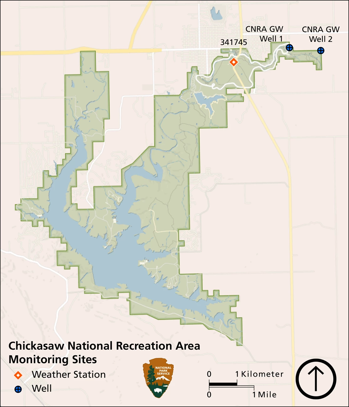 Figure 1: Chickasaw Monitoring Stations Map Map of Chickasaw National Recreation Area showing a weather station and two groundwater wells in the northeastern part of the park.