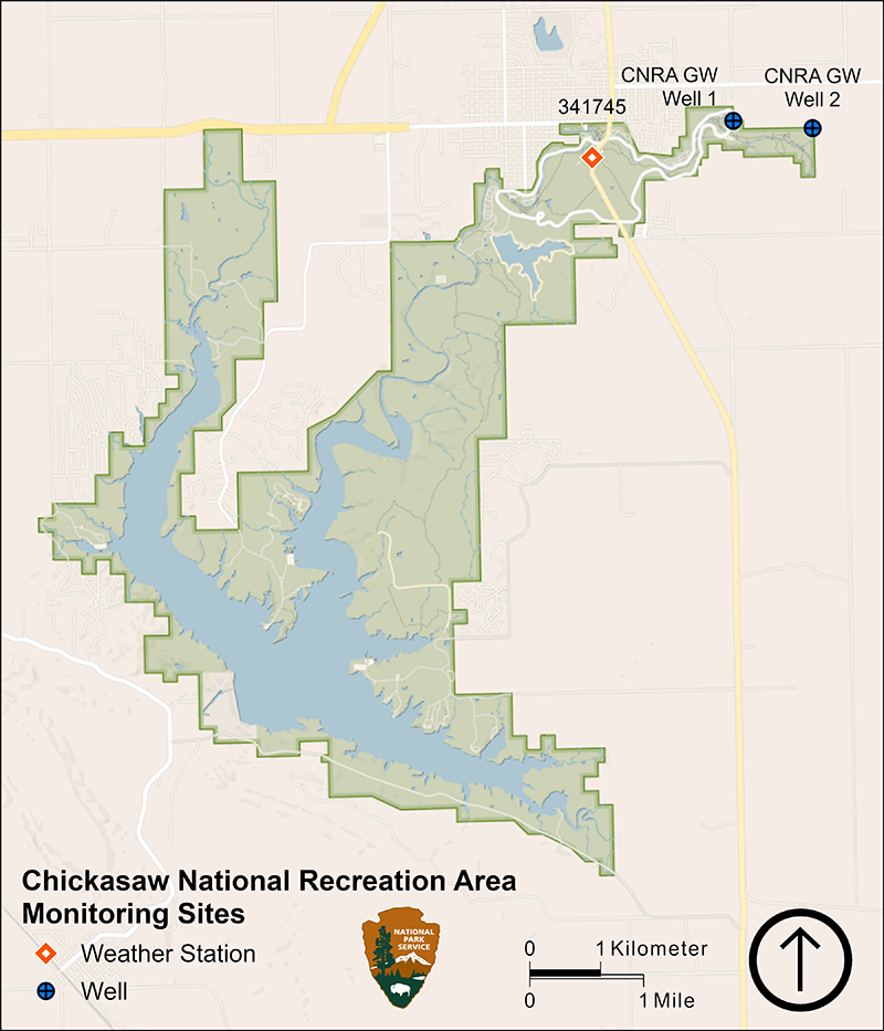 Figure 1. CHIC map Map of Chickasaw National Recreation Area showing a weather station and two groundwater wells in the northeastern part of the park.