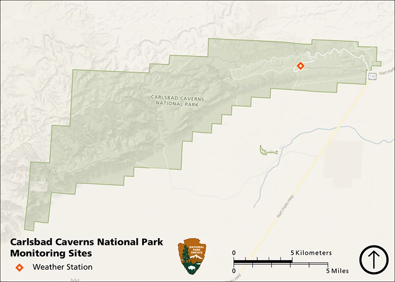Monitored weather station at Carlsbad Caverns National Park Map of Carlsbad Caverns National Park showing the monitored weather station in the northeast section of the park.