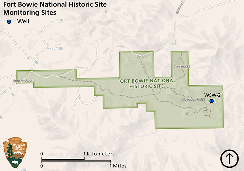 Map of Fort Bowie National Historic Site showing one groundwater monitoring well on the eastern edge of the park.