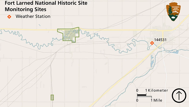 Map of park and weather station Map of Fort Larned National Historic Site showing the weather station east of the park.