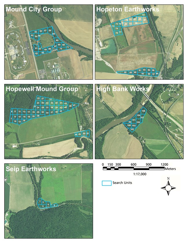 maps of the problematic plants search units at the Mound City Group, Hopeton Earthworks, Hopwell Mound Group, High Bank Works, and Seip Earthworks at Hopewell Culture National Historical Park.