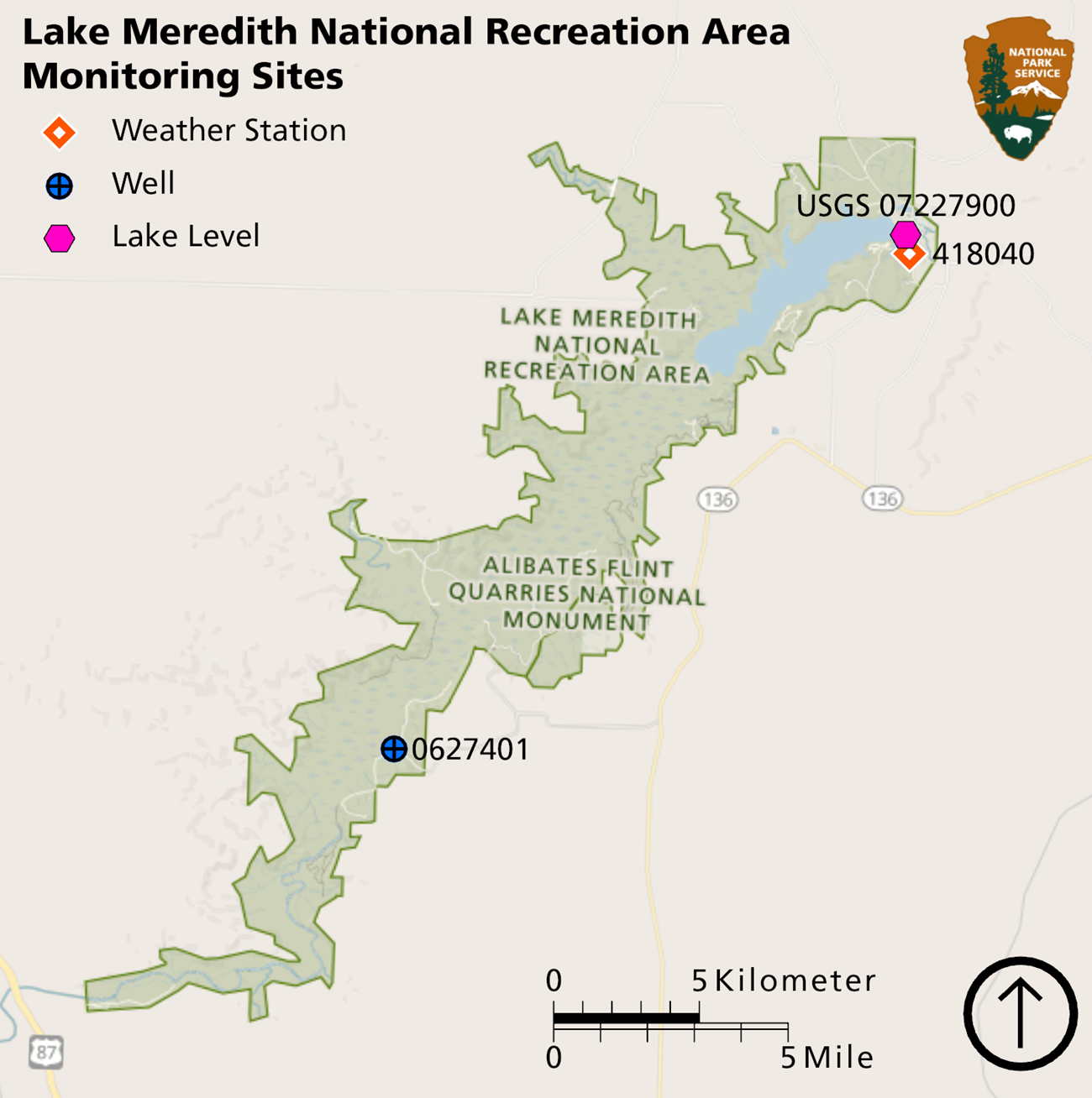 Map Map of Lake Meredith National Recreation Area showing weather station on the north end of the park by the lake, lake level gage near the weather station, and groundwater monitoring well on the south end of the park, about 10 mi away from the lake.