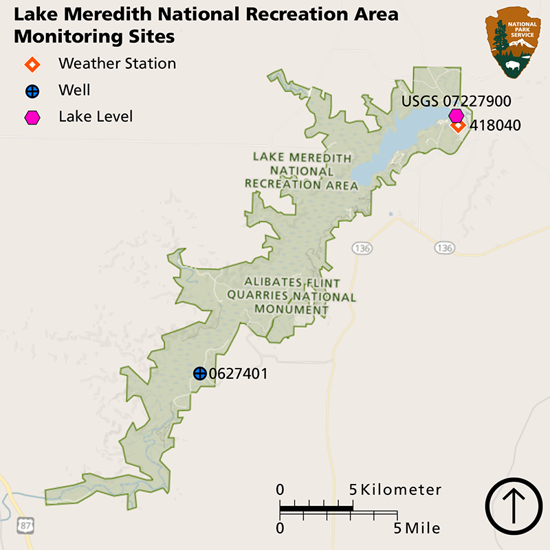 Map of weather station, well, and lake level gage locations Map of Lake Meredith National Recreation Area showing the lake level gage and weather station in the northeast section of the park and the monitored well in the southern section of the park by the lake, south of Alibates Flint Quarries National Monument.