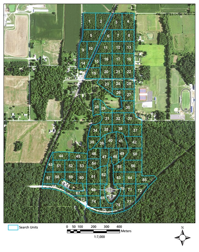 Map of problematic plant search areas A grid of 77 numbered search areas on a map of Lincoln Boyhood National Memorial