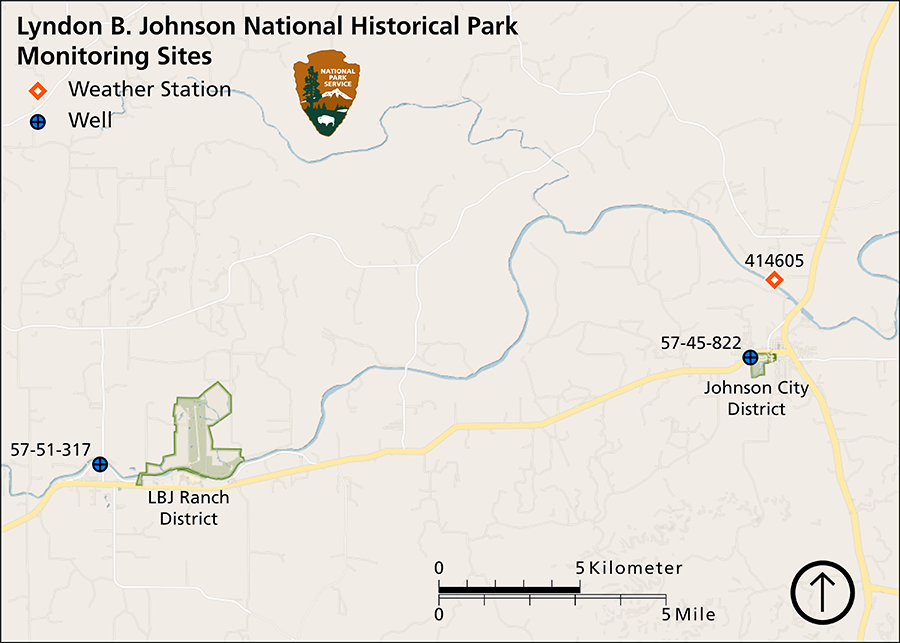 Figure 1. LYJO map A map showing a weather station a couple miles north of the Johnson City District and a groundwater well in that district and one about one mile west of the LBJ Ranch District