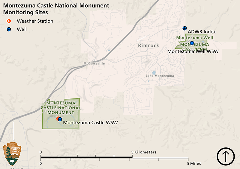 Map of Montezuma Castle National Monument showing one weather station at the Montezuma Castle unit and three groundwater monitoring wells: one in the Montezuma Castle unit, and one in and one north of the Montezuma Well unit.