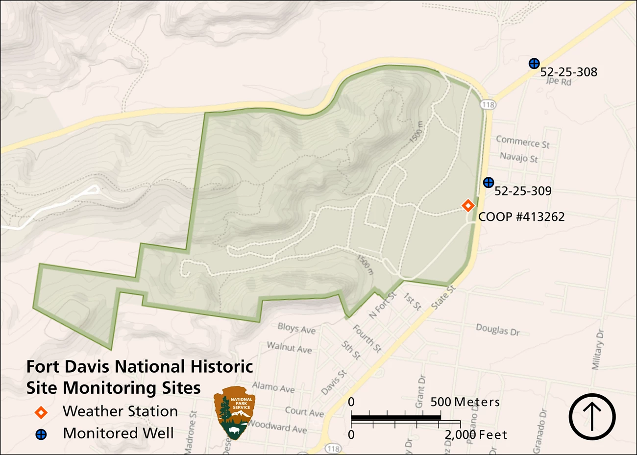 Weather station and groundwater wells at and near Fort Davis Map of Fort Davis National Historic Site showing location of weather station inside the eastern edge of the park boundary and groundwater monitoring wells east and northeast of the park boundary.