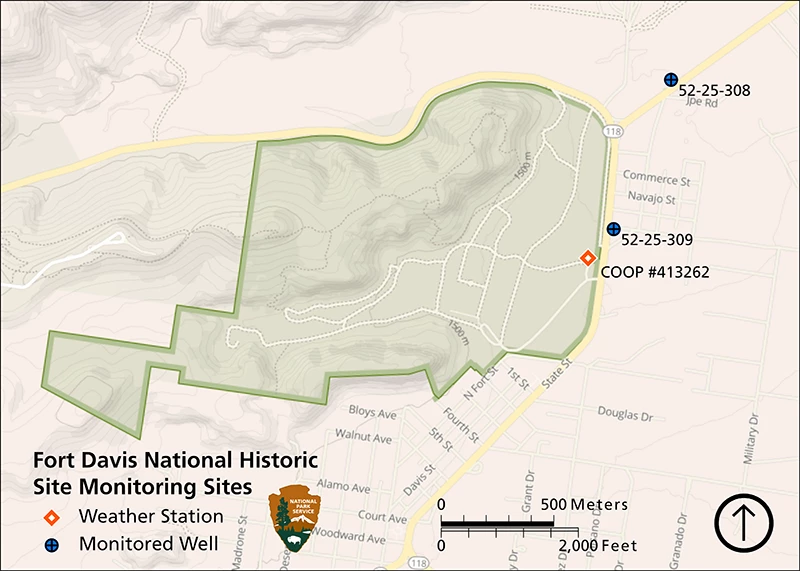 Map of weather station and groundwater wells Map of the park showing the weather station on the far eastern edge of the park and two groundwater wells, one just outside the park’s eastern boundary near the weather station and the other not far outside the park’s northeast boundary along a roadway.