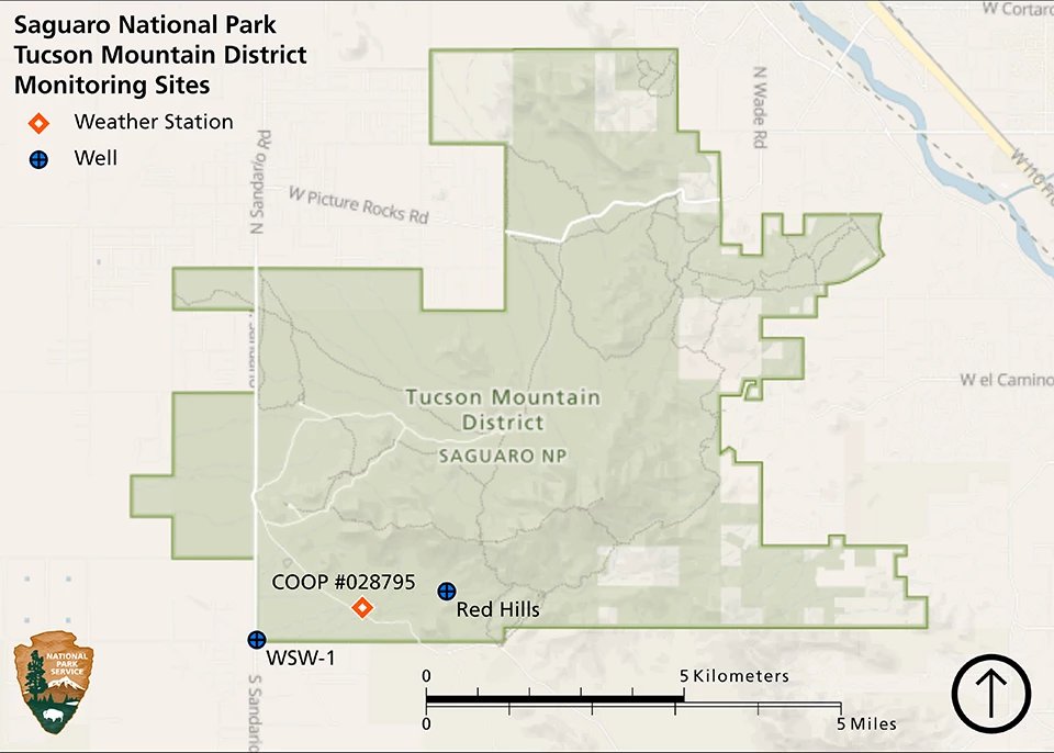 Weather station and groundwater wells Map of two groundwater wells and a weather station in the southwestern part of Tucson Mountain District.