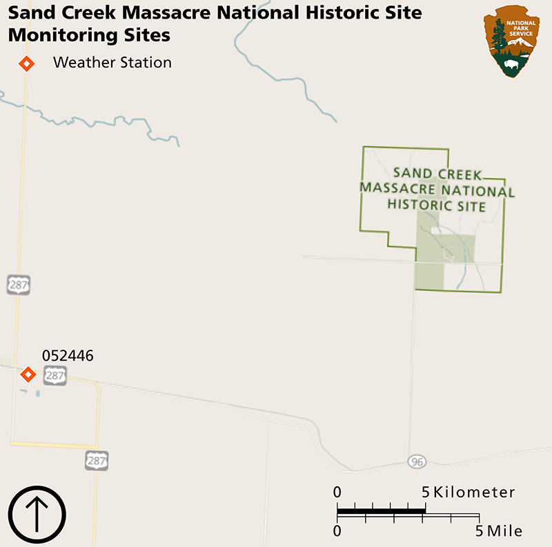 Figure 1: SAND map Map of Sand Creek Massacre National Historic Site showing weather station 15.5 mi southwest of the park boundary.