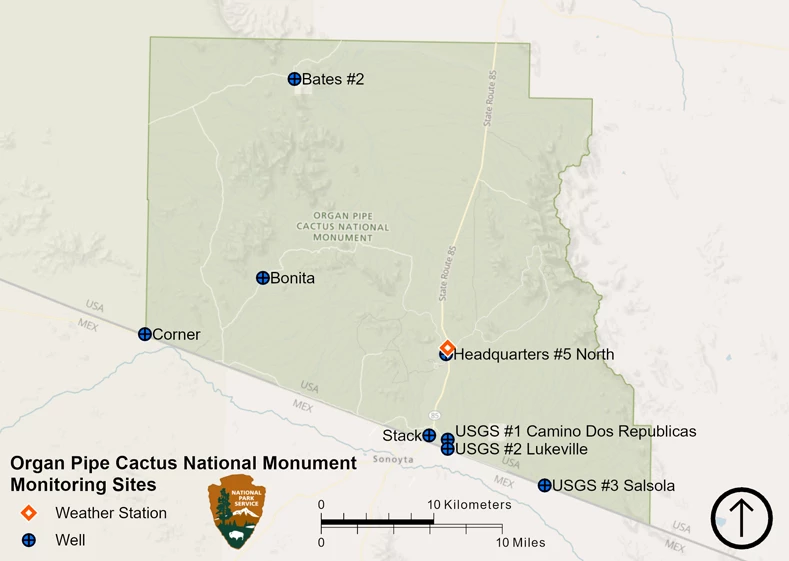 Map Map of Organ Pipe Cactus National Monument showing location of weather station and groundwater monitoring wells.