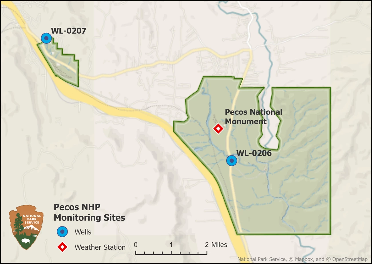 Figure 1: Map of Pecos NHP Monitoring Sites Map of the park showing two groundwater wells, one in each unit, and a weather station in the main unit.